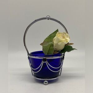 Vintage Cobalt Blue Glass Bowl/ Metal Basket Dish - Art Deco Style